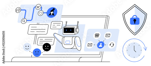 AI chatbot interacting with users, analyzing responses, and displaying information on a laptop screen. Visible icons for security, time management. Ideal for customer service, AI technology, digital