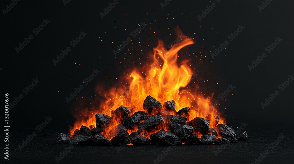 Glowing flames erupting from a pile of burning charcoal rocks Glowing flames erupting from a pile of burning charcoal rocks