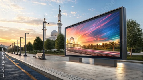 Vibrant Sunset Over Cityscape with Digital Billboard and Mosque