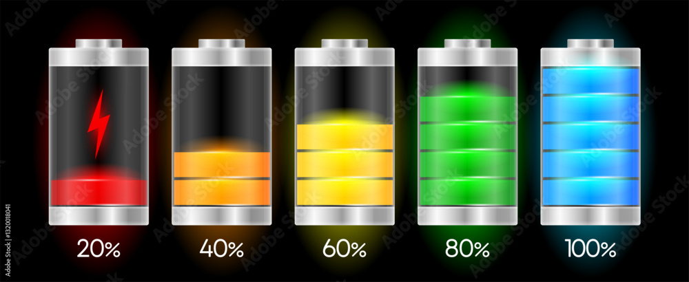 Battery Charge. Full and low power energy level. Recharge battery indicator. Vector illustration. Battery Charge. Full and low power energy level. Recharge battery indicator. Vector illustration.