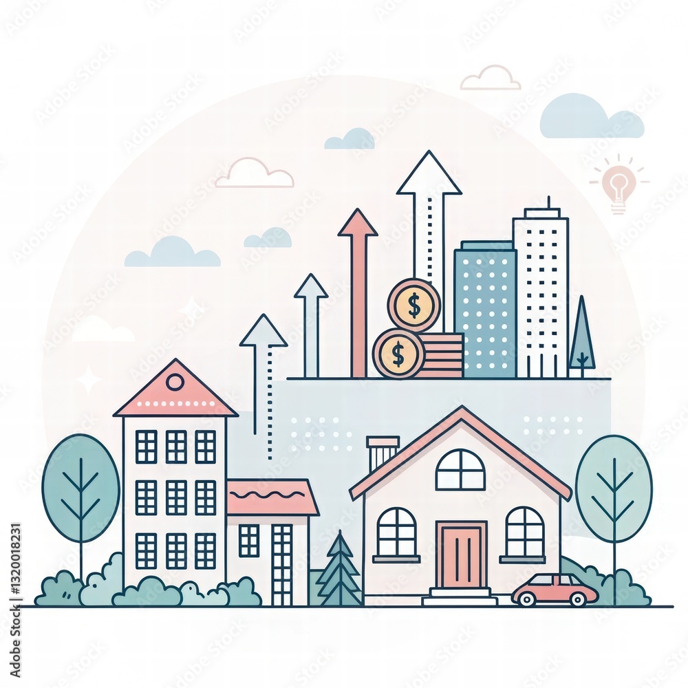 Obraz premium Urban Development Concept with Buildings and Growth Symbols