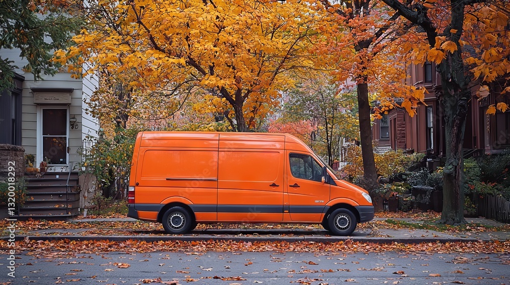 Obraz premium Vibrant Orange Delivery Van Surrounded by Autumn Leaves in Urban Setting
