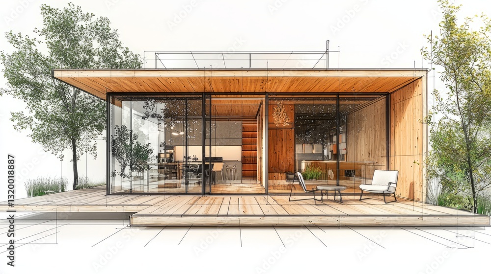 Fototapeta premium Modern Architectural Design of a Stylish Glass and Wood House