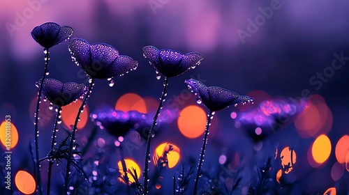 Dewdrops on Purple Flowers at Dusk