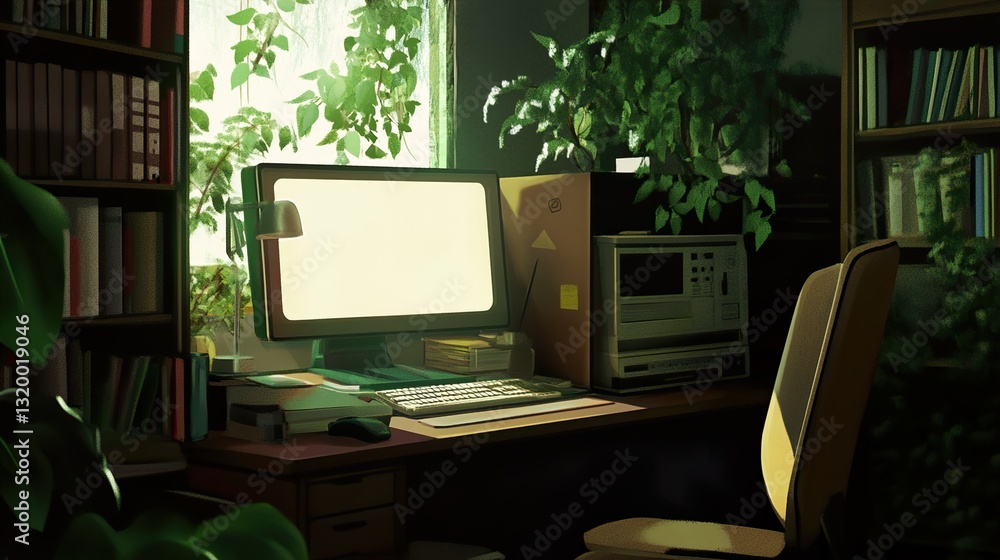 Serene Home Office Workspace with Plants and Books Serene Home Office Workspace with Plants and Books