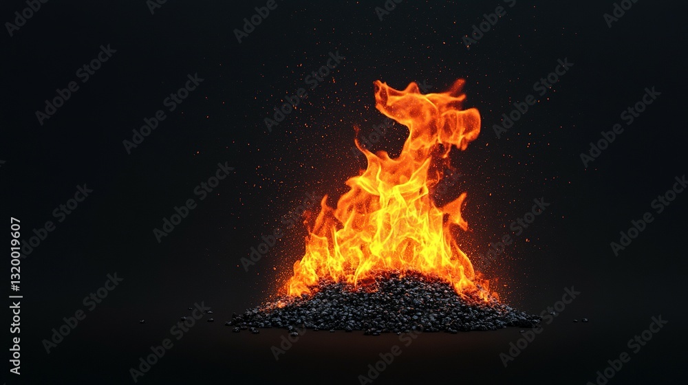 Fototapeta premium Burning flames emerge from a pile of dark small objects