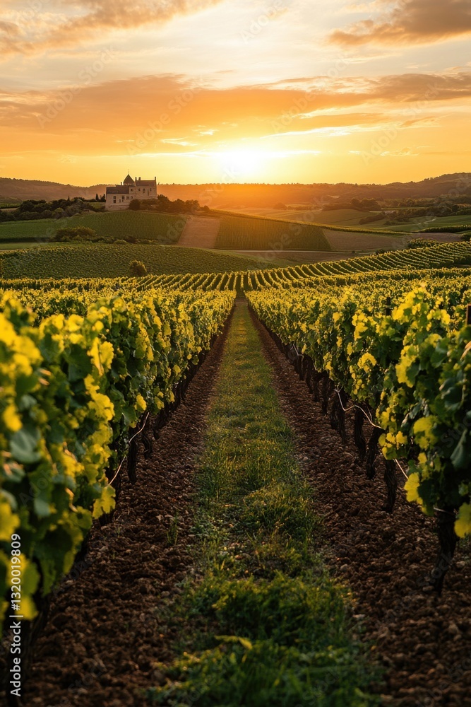 Naklejka premium Vineyard rows at golden sunset. Lush green leaves under bright sunny sky. Beautiful scenic view of nature. Peaceful rural countryside landscape.