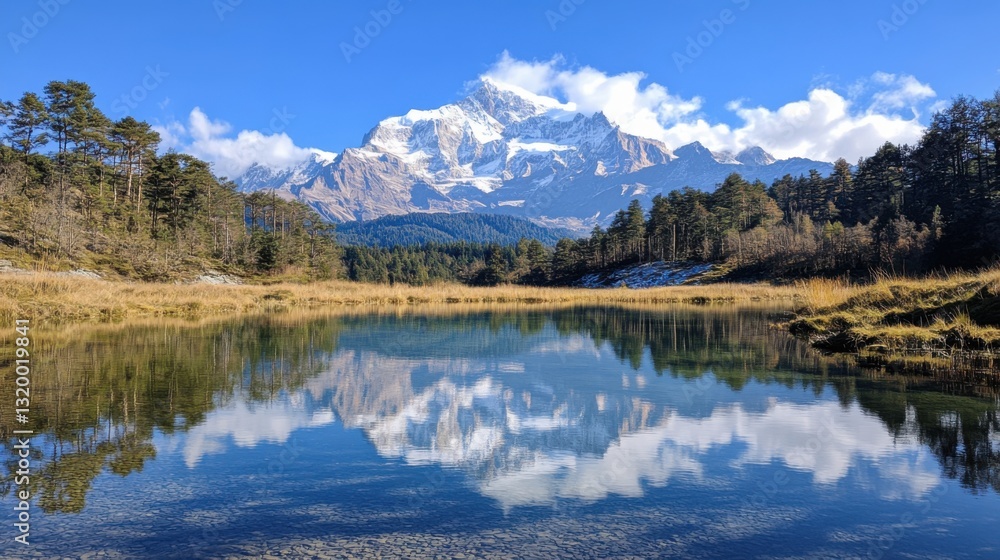 Mountain reflects on lake water. Trees grow near shore. Sky is blue with clouds. Peak is snow covered. Scenic place with peaceful nature. Mountain reflects on lake water. Trees grow near shore. Sky is blue with clouds. Peak is snow covered. Scenic place with peaceful nature.