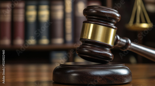 Elegant wooden gavel on desk in a law office with books in background photo