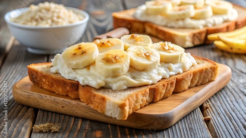 Creamy Rice Pudding on Toast with Fresh Banana Slices – A Simple and Inviting Breakfast