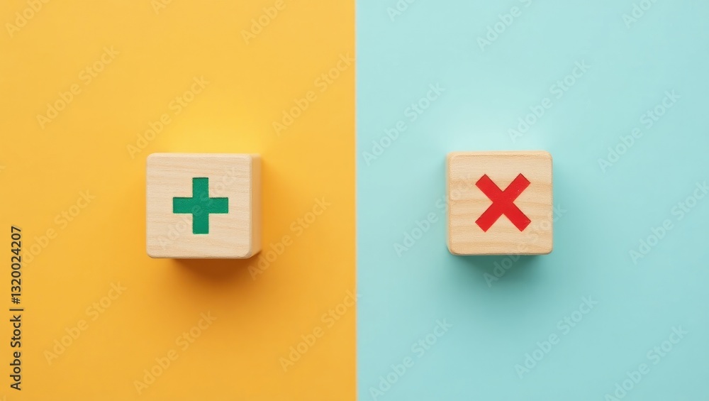 Green plus and red minus on varied color backgrounds. Assess advantages and disadvantages. Take into account all arguments pros and cons. Options Tick Yes or No Choose Mark Decision.