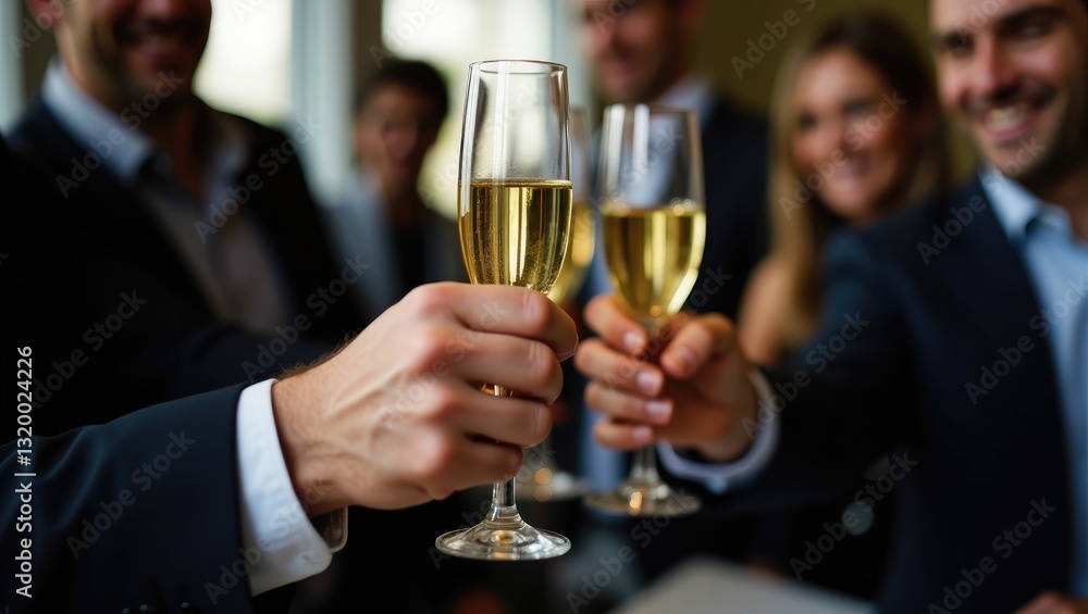 Group of businessmen celebrating the closing of a successfully concluded deal, guests clinking and raising glasses, toasting and cheering, colleagues in the office at a corporate party event. Group of businessmen celebrating the closing of a successfully concluded deal, guests clinking and raising glasses, toasting and cheering, colleagues in the office at a corporate party event.