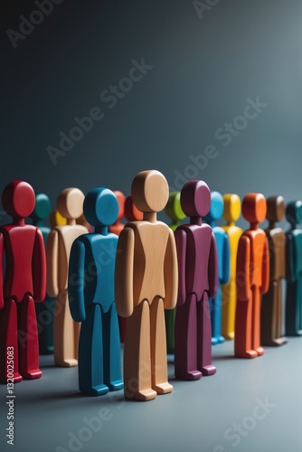 Groups of colorful wooden figures on a gray background. The concept of segmentation. Target audience, customer service. Market segment of consumers. Customer relationship management. Selective focus.