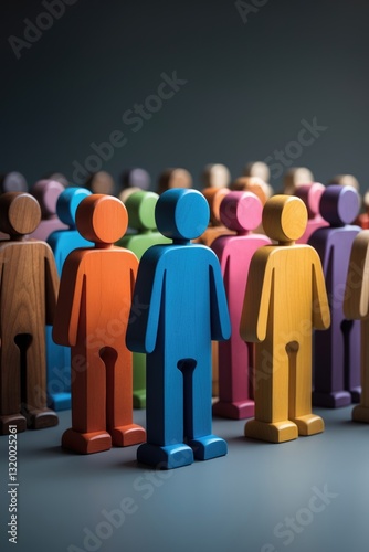 Groups of colorful wooden figures on a gray backdrop. The idea of segmentation. Target audience, customer support. Market segment of consumers. Customer relationship management. Selective focus.