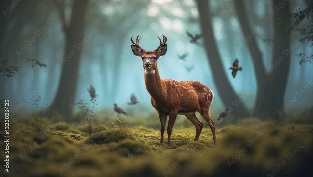 Horizontal seamless background featuring a woodland, birds, and a deer of superior quality. Horizontal seamless background featuring a woodland, birds, and a deer of superior quality.