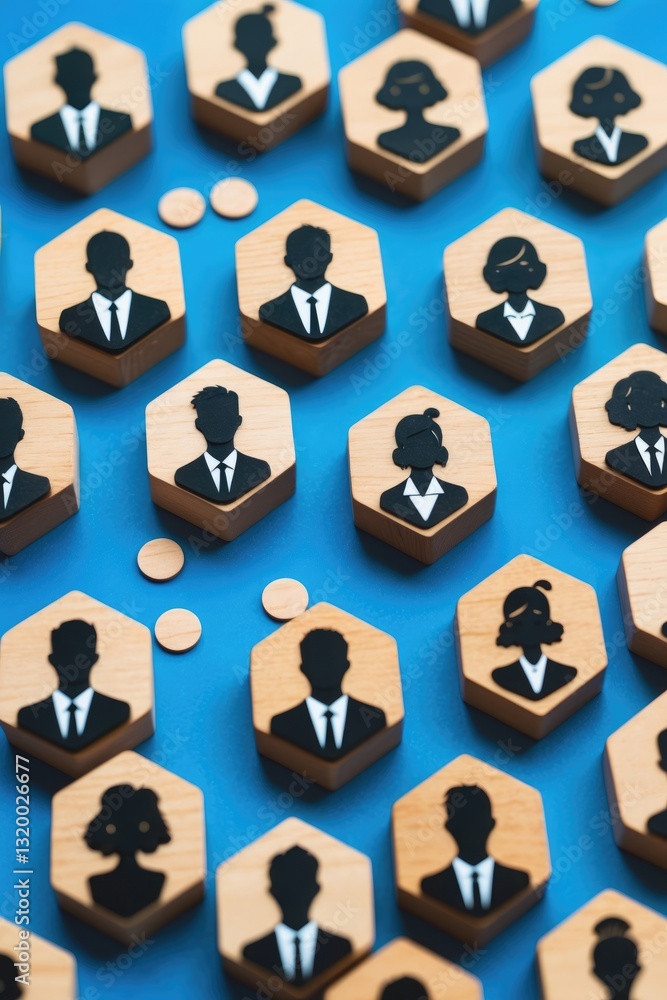 Fototapeta premium Hexagonal figures depicting business individuals. Recruiting new employees and hiring staff. Search for candidates for open job positions. Society and social groups. Public relations. Human resourc...