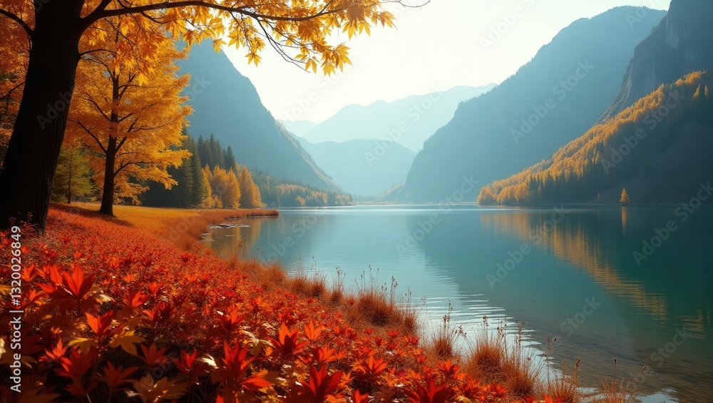 Indian summer in the Rocky Mountains. The banks are adorned with red, yellow, and orange foliage. Lakes and peaks blanketed in golden autumn leaves. Indian summer in the Rocky Mountains. The banks are adorned with red, yellow, and orange foliage. Lakes and peaks blanketed in golden autumn leaves.