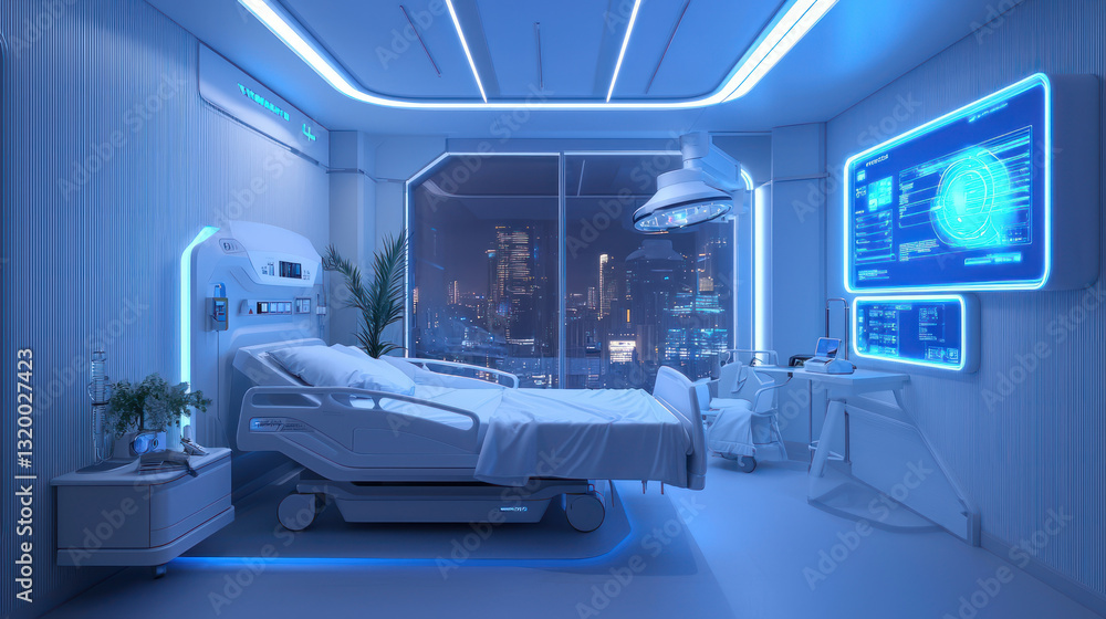 A conceptual futuristic hospital room featuring AI monitoring patient data digitalized environment, showcasing advanced A conceptual futuristic hospital room featuring AI monitoring patient data digitalized environment, showcasing advanced