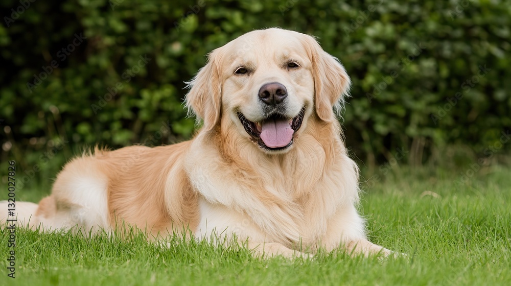 Golden retriever lying on grass in a garden setting Golden retriever lying on grass in a garden setting