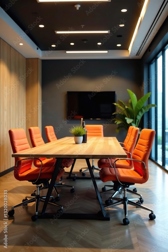 Fototapeta premium Sleek urban conference room; wood table, bright orange chairs, chic, building, design