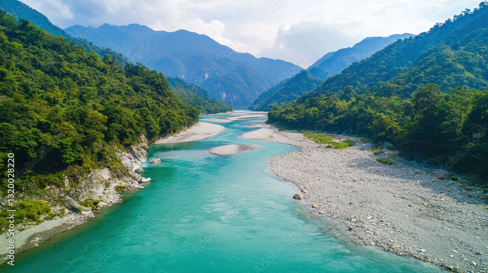 A crystal clear river winding through lush green mountains, showcasing pristine nature and clean water conservation A crystal clear river winding through lush green mountains, showcasing pristine nature and clean water conservation