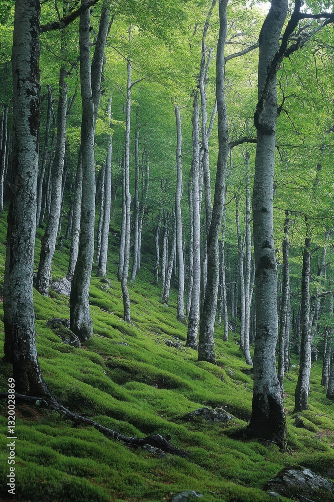 Obraz premium Green moss in forest. Trees grow. Quiet nature. Calm scene. Woodland with tall trunks. Spring season. Fresh air. Beautiful light. Hike in woods.