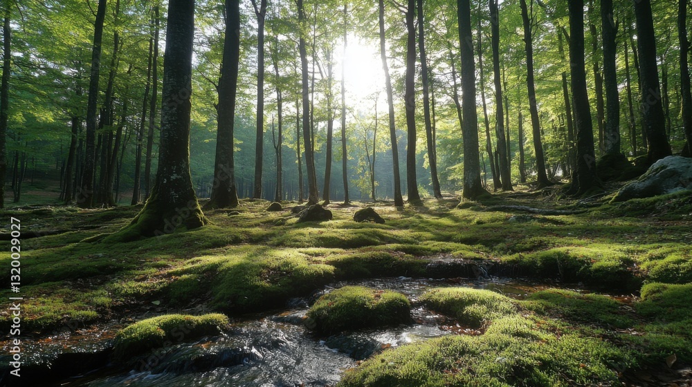 Green forest scene with sunlight through trees. Moss covered ground. Stream flowing. Nature background. Tranquil outdoor environment. Peaceful forest. Green forest scene with sunlight through trees. Moss covered ground. Stream flowing. Nature background. Tranquil outdoor environment. Peaceful forest.