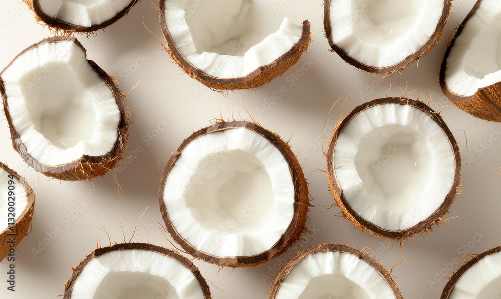 Fresh Coconut Halves Arranged on a Light Background Fresh Coconut Halves Arranged on a Light Background
