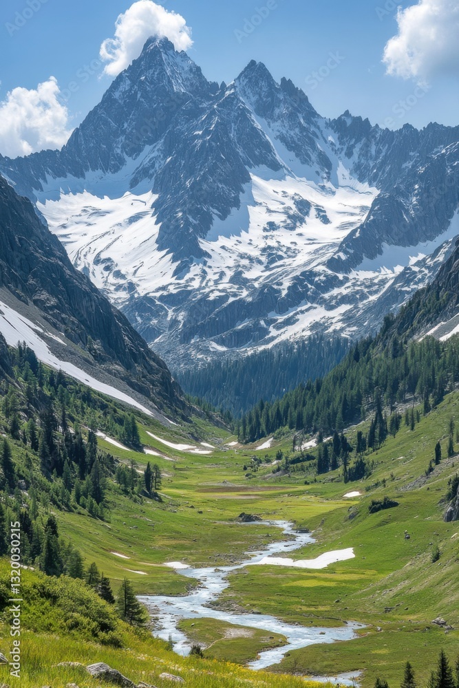 Obraz premium Mountain peak with snow. Green valley with a river flowing through the trees and grass. Blue sky above in summer.