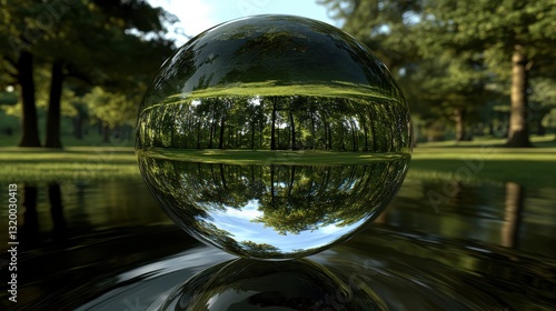 Wallpaper Mural Reflective Glass Sphere Over Calm Water Surrounded by Lush Green Forest Landscape Under Clear Blue Sky Torontodigital.ca