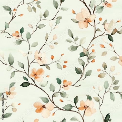 Peach blossom watercolor floral seamless pattern.