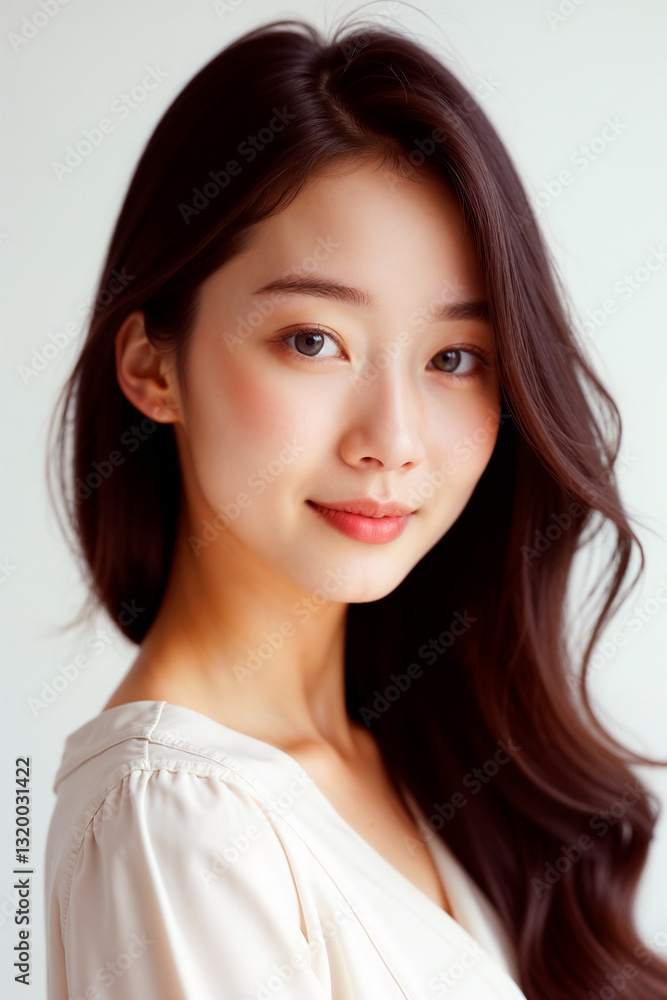 A Serene Young Woman With Flowing Dark Hair And Radiant Skin, Exuding Gentle Confidence In A Soft, Light-filled Portrait A Serene Young Woman With Flowing Dark Hair And Radiant Skin, Exuding Gentle Confidence In A Soft, Light-filled Portrait