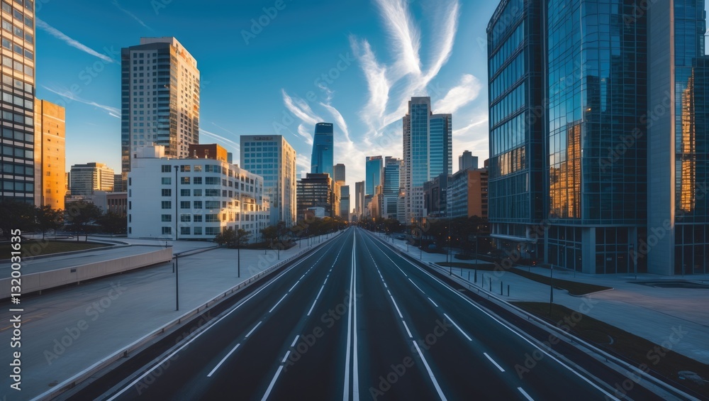 Fototapeta premium High-angle view of the skyline featuring buildings and a bare asphalt road.