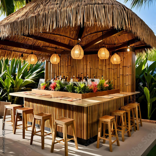 A tropical bar with bamboo walls and a thatched roof. The bar is decorated with tropical plants and flowers. There are several wooden stools and chairs around the bar