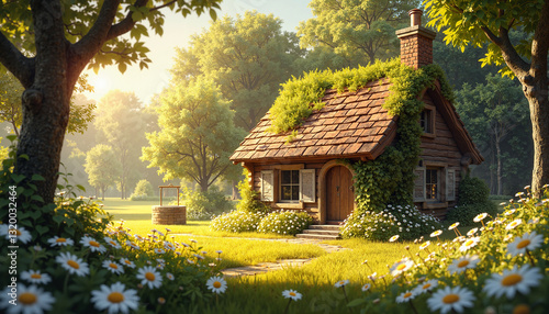 Obraz na płótnie Cozy cottage in idyllic forest clearing with daisies w salonie
