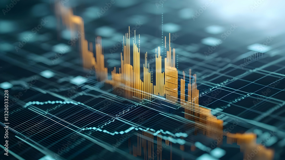 custom made wallpaper toronto digital3D Visualization Of Financial Data Analysis With Glowing Gold Charts On A Dark Blue Digital Grid Background