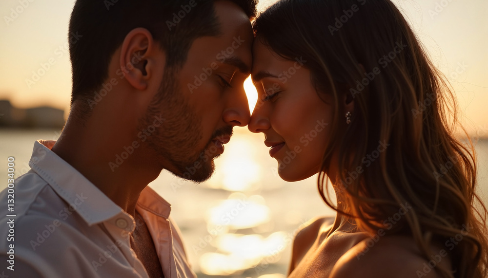 Naklejka premium Romantic couple embracing at sunset by the sea