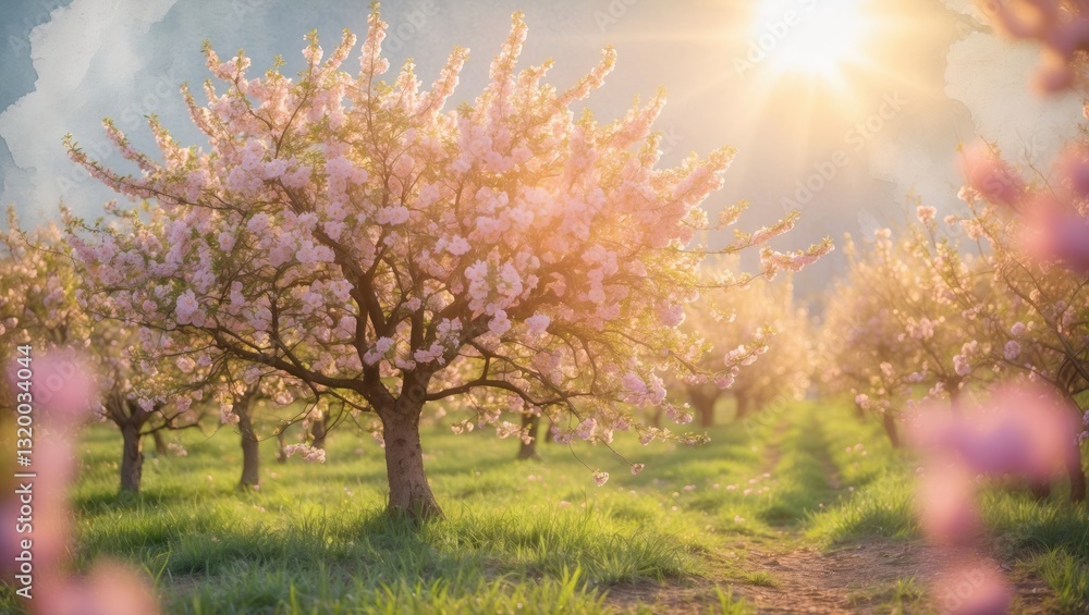 In the background, a spring bloom. A beautiful natural setting featuring a blooming tree and sunlight. A lovely day. Flowering in early spring. Charming orchard. Unclear abstract backdrop. In the background, a spring bloom. A beautiful natural setting featuring a blooming tree and sunlight. A lovely day. Flowering in early spring. Charming orchard. Unclear abstract backdrop.