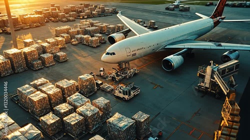 Cargo Aircraft Preparing for Takeoff with Parcels on Airport Ground at Golden Hour
