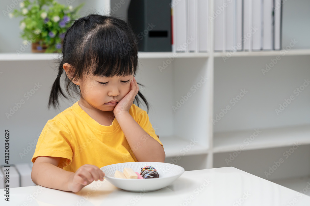 little asian girl presses hand to cheek, suffers from pain in tooth. Teeth decay, dental problems, child emotions and facial expression, oral health care, reducing sweets, fluorine coating little asian girl presses hand to cheek, suffers from pain in tooth. Teeth decay, dental problems, child emotions and facial expression, oral health care, reducing sweets, fluorine coating