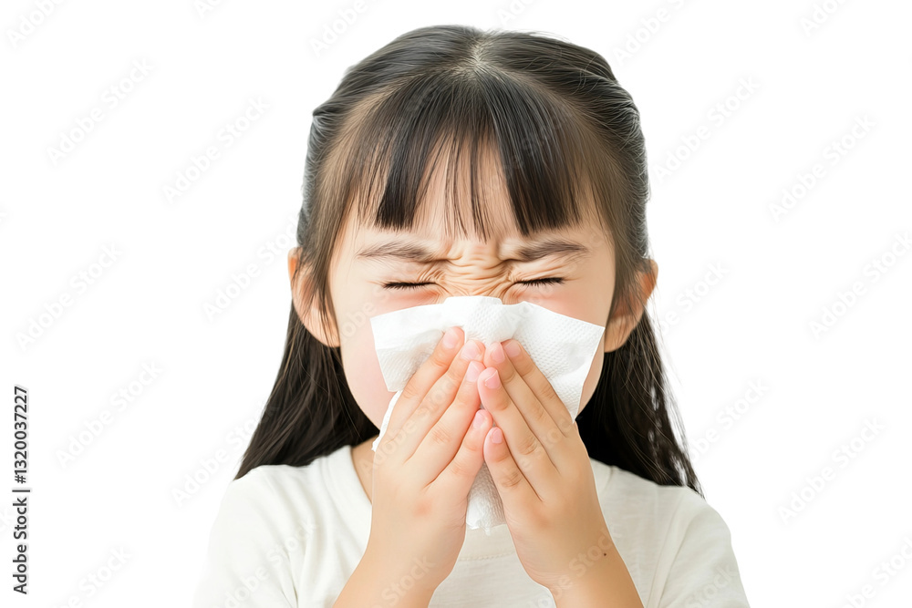 Asian little girl sneezing and using a tissue, isolated on white background Asian little girl sneezing and using a tissue, isolated on white background