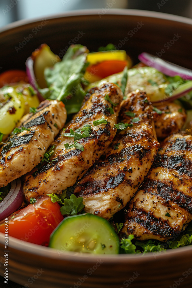 Grilled chicken salad with fresh vegetables including cucumber, tomatoes, lettuce, and red onions in a wooden bowl Grilled chicken salad with fresh vegetables including cucumber, tomatoes, lettuce, and red onions in a wooden bowl