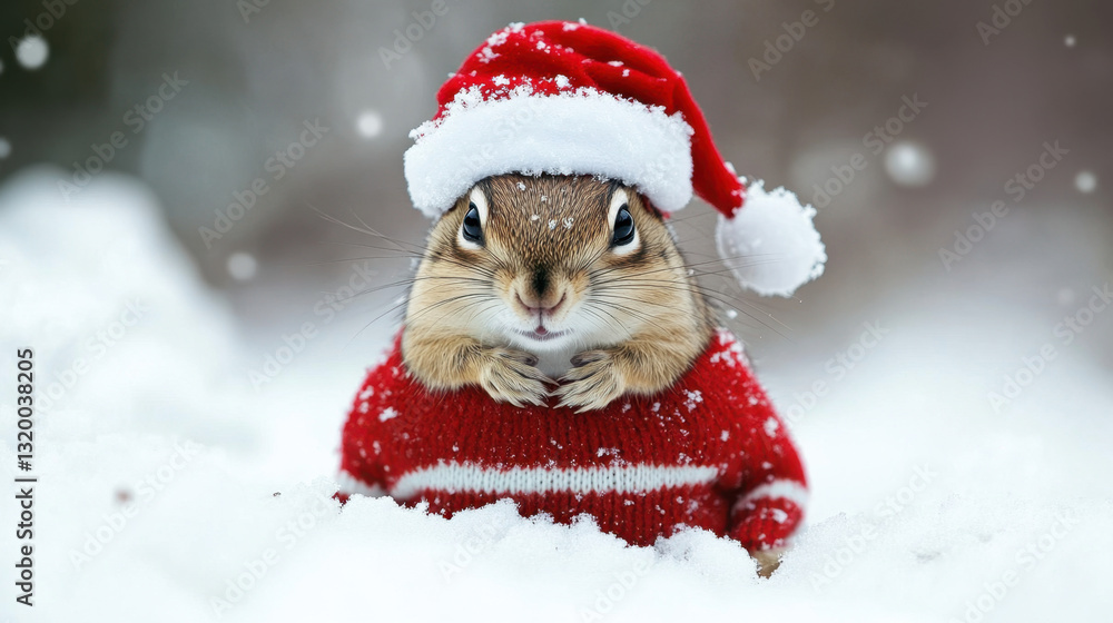 Cute squirrel wearing red sweater and Santa hat in winter setting Cute squirrel wearing red sweater and Santa hat in winter setting