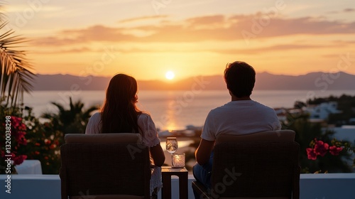 A romantic couple watching the sunset from a rooftop terrace overlooking the ocean 