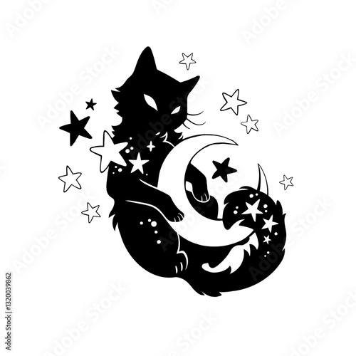 Black cat, silhouette, holding a crescent moon in its paws