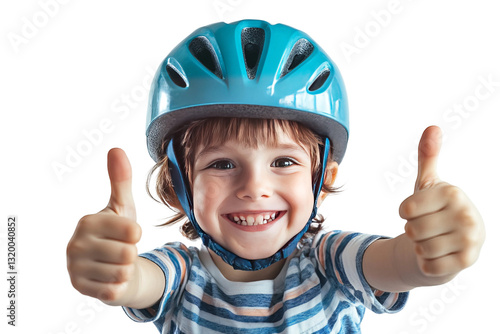 Happy little child with helmet and showing thumbs up, isolated on white background