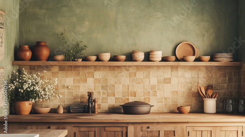 A warm, earthy kitchen with terracotta tiles, wooden shelves, and handmade pottery displayed on a muted sage green background.