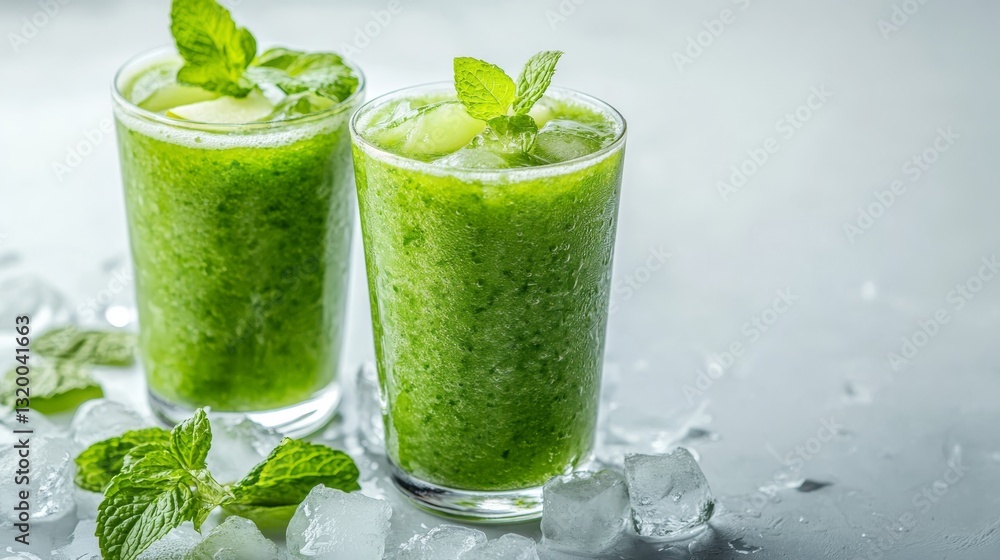 Glasses of apple and mint smoothie with ice cubes. Tasty apple flavored smoothie with mint in studio photography.