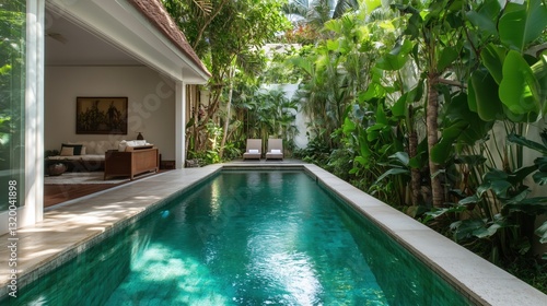 Wallpaper Mural Tranquil Poolside Retreat: A luxurious swimming pool, embraced by lush tropical foliage, invites relaxation and serenity, offering a perfect escape for leisure and tranquility.  Torontodigital.ca