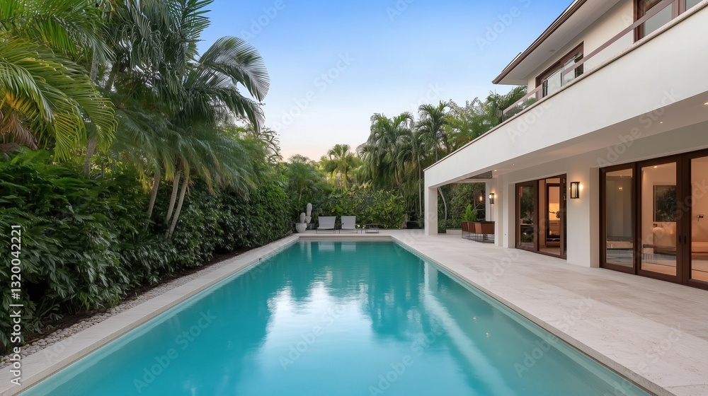 Fototapeta premium Luxury Villa Pool Paradise: Captivating view of an elegant home features a pristine pool, inviting the viewer to experience opulence and tranquility.